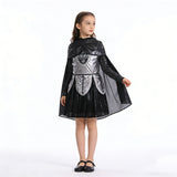 Girls medieval warrior costume set includes long-sleeve dress and matching cape. Simulated armor chest print design. Suitable for Halloween, carnival, themed party and fantasy role-play activities.