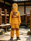 Boys yellow ninja costume set includes long sleeve top, trousers, waist sash and full face hood. Cartoon armor graphic printing, perfect for Halloween, martial arts themed parties and ninja character role-play.