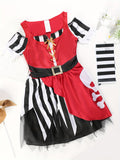 A Print Skull Pirate Girl Dress + a Headband, a Skeleton Dress for Girls for Halloween Parties, Festive Dress with Headband, Stage Performance Dress.