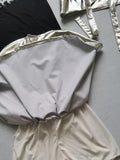 Girls 3-piece hip-hop stage set, graphic short sleeve tee, adjustable buckle cross harness and silver elastic waist flare skirt. Futuristic metallic tone layered style for dance competition and school talent show costume.