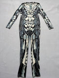 Boys futuristic robot bodysuit, mock neck long sleeve full-length jumpsuit. Metallic silver black geometric armor print, high stretch slim fit, perfect for sci-fi superhero cosplay and Halloween dress-up.