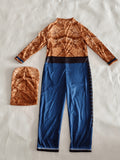 Kids superhero full outfit set, jumpsuit with matching mask. Classic hero themed design, long sleeve integrated top and trousers, vivid printed pattern, perfect for cosplay, party and dress-up games.
