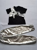 Girls 3-piece hip-hop stage set, graphic short sleeve tee, adjustable buckle cross harness and silver cuffed jogger pants. Futuristic street silhouette, trendy layered design for dance contest and talent show costume.