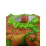 Kids pumpkin costume set includes sleeveless top, trousers and matching hat. Cute cartoon pumpkin design, perfect for Halloween trick-or-treat, themed parties and school dress-up activities.