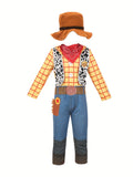 Boys western cowboy costume set includes plaid long sleeve shirt, cow print vest, denim pants, bandana and cowboy hat. Classic wild west styling, ideal for Halloween, themed birthday parties and kids storybook role-play.