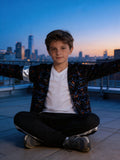 Boys 3-piece hip-hop stage suit, black glitter sequin open jacket, plain white V-neck tee and silver stripe loose trousers. Reflective silver trim detail, streetwear style for dance contest and talent show costume.
