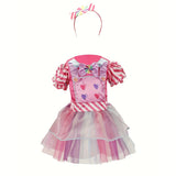 Girls Candy Style Dress Set Heart print dress + candy headband, layered colorful tulle, cute for parties and shows.
