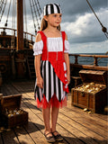 Girls pirate costume set includes cold shoulder dress and striped headscarf. Classic red, white and black striped design. Suitable for Halloween, pirate themed party, carnival and kids imaginative role-play.