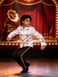 Boys royal marching band costume set, stand collar gold embroidered long sleeve jacket & stripe side straight trousers. Luxe golden knot piping print, vintage formal style for stage talent shows and parade performance dress-up.