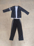 Boys 3-piece hip-hop stage suit, black glitter sequin open jacket, plain white V-neck tee and silver stripe loose trousers. Reflective silver trim detail, streetwear style for dance contest and talent show costume.