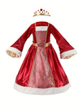 Girls Burgundy Luxury Velvet Princess Dress with Crown for Holiday Party