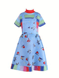 Girls tool print overall dress costume set with rainbow stripe short sleeve top. Playful cartoon tool pattern skirt, ideal for Halloween, toy themed parties and kids creative character role-play activities.