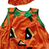 Girls 2Pcs Costume: Top + Hat Orange main color with green vine & stem decor, black-yellow grimace design. Ideal for Halloween, parties and stage shows.