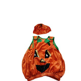 Girls 2Pcs Costume: Top + Hat Orange main color with green vine & stem decor, black-yellow grimace design. Ideal for Halloween, parties and stage shows.