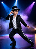 Kids retro pop star 4-piece costume set, sequin stripe zip jacket, ruffle inner shirt, silver side stripe trousers and matching glitter hat. Classic concert stage silhouette for singing performance and Halloween cosplay.