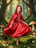 Girls fairy tale costume set including swing dress & matching hooded cape. Decorative corset detailing, classic red tone, perfect for Halloween, storybook party & princess role-play.