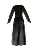 Girls dark witch costume set includes layered long dress, pointed headpiece and choker. Classic black & purple medieval styling. Perfect for Halloween parties, haunted events and fantasy themed role-play.