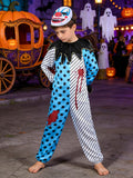 Boys' Costume Set: 1 Boys Dress-Up Romper + 1 Clown Print Mask, Full Asymmetrical Allover Pattern with Irregular Collar Design for Halloween Horror Atmosphere and Christmas Party Roleplay