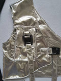 Girls 3-piece hip-hop stage set, graphic short sleeve tee, adjustable buckle cross harness and silver elastic waist flare skirt. Futuristic metallic tone layered style for dance competition and school talent show costume.