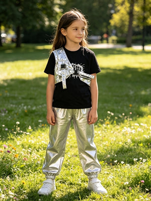 Girls 3-piece hip-hop stage set, graphic short sleeve tee, adjustable buckle cross harness and silver cuffed jogger pants. Futuristic street silhouette, trendy layered design for dance contest and talent show costume.