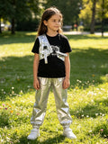 Girls 3-piece hip-hop stage set, graphic short sleeve tee, adjustable buckle cross harness and silver cuffed jogger pants. Futuristic street silhouette, trendy layered design for dance contest and talent show costume.
