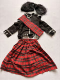 Girls Scottish folk costume set, stand collar black long sleeve top with white piping, red plaid sash and pleated midi skirt. Classic tartan design for folk dance performance and school cultural day dress-up.