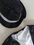 Kids retro pop star 4-piece costume set, sequin stripe zip jacket, ruffle inner shirt, silver side stripe trousers and matching glitter hat. Classic concert stage silhouette for singing performance and Halloween cosplay.