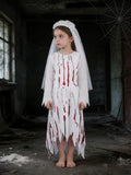 Girls Vampire Bride 2-Piece Set: Dress + Veil Lace splicing, irregular hem and unique prints. Ideal for festival themed shows.