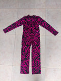 Girls full-zip long sleeve jumpsuit with swirling pink tribal print. Slim stretch fit one-piece costume, sleek full-length design, great for dance performance, cosplay and loungewear dress-up.