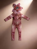 Boys monster creature costume set includes full body textured jumpsuit and flower-shaped monster headpiece. Creepy flesh-toned striped print, perfect for Halloween, haunted house events and scary themed role-play.