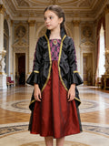 Girl's Noble Queen Vintage Court Dress: 1pc Dress with a Black and Red Patchwork Design, Featuring a Full-length Sheath Dress Style. The Outer Layer Is a Black Robe, Adorned with Golden Lace Trim at the Neckline, Front Placket, and Cuffs