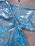 Kids shiny metallic 2-piece stage set, cropped hooded long sleeve top & elastic waist straight pants. Bright reflective blue finish, futuristic style for hip-hop shows, runway and themed party dress-up.