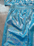 Kids shiny metallic 2-piece stage set, cropped hooded long sleeve top & elastic waist straight pants. Bright reflective blue finish, futuristic style for hip-hop shows, runway and themed party dress-up.