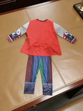 Boys legendary warrior costume set includes printed jumpsuit and detachable red cape. Armor graphic & mesh sleeve design. Ideal for Halloween parties, superhero themed events and kids fantasy role-play activities.