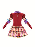 A Dress for Girls with a Bow Tie Decoration at The Neckline, Accompanied by a Small Hat And a Headband Shaped Like Ears, Plus a Pair of Gloves with Bows. This Stylish Outfit Is Perfect for Halloween, Christmas, And Festive Celebrations
