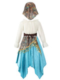 Kids rustic folk costume set, ruffle long sleeve blouse, lace-up waist corset, irregular hem skirt and printed headscarf. Tassel decorated apron overlay, pastoral ethnic style for harvest festival and folk dance dress-up.