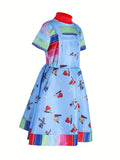 Girls tool print overall dress costume set with rainbow stripe short sleeve top. Playful cartoon tool pattern skirt, ideal for Halloween, toy themed parties and kids creative character role-play activities.