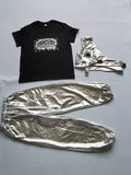 Girls 3-piece hip-hop stage set, graphic short sleeve tee, adjustable buckle cross harness and silver cuffed jogger pants. Futuristic street silhouette, trendy layered design for dance contest and talent show costume.