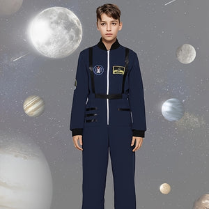 Boys Solid Astronaut Jumpsuit with Printed Details, Stand Collar for Shows & Festivals