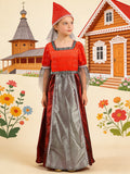 Girls Witch Dress Set With red pointed hat and flowing fabric details, perfect for holiday performances.