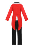 Boys ringmaster costume set includes red tailcoat, white inner shirt, black trousers and bow tie. Classic circus styling, ideal for Halloween, carnival, stage performance and themed dress-up activities.