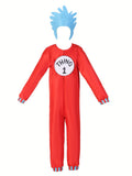 Kids red Thing 1 costume set includes long sleeve jumpsuit and blue spiky wig hat. Circular chest logo and striped cuffs design. Ideal for book week, Halloween, storybook themed parties and fantasy character role-play.