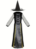 Girls classic witch costume set includes long dress and pointed witch hat. Mesh long sleeves & vintage swirl printed panel. Perfect for Halloween parties, castle themed events and fantasy witch role-play activities.