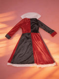 Girls' Dress Set: 1pc Black Red Contrast Queen Maxi Dress, Featuring Red Black Contrast Patchwork Design, Iconic Red Black Heart Pattern on Chest, Yellow Black Checkered Skirt Hem, And White Stand-Up Collar