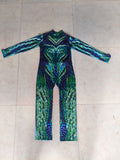 Kids reptile scale print jumpsuit, mock neck long sleeve full-length one-piece costume. Green gradient snake skin pattern, stretch slim fit, suitable for dinosaur reptile themed cosplay and Halloween dress-up.