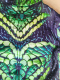 Kids reptile scale print jumpsuit, mock neck long sleeve full-length one-piece costume. Green gradient snake skin pattern, stretch slim fit, suitable for dinosaur reptile themed cosplay and Halloween dress-up.