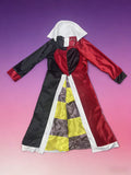Girls' Dress Set: 1pc Black Red Contrast Queen Maxi Dress, Featuring Red Black Contrast Patchwork Design, Iconic Red Black Heart Pattern on Chest, Yellow Black Checkered Skirt Hem, And White Stand-Up Collar