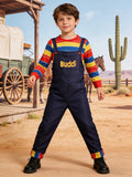 Boys horror doll costume set includes colorful striped long sleeve shirt and dark denim overalls with letter print. Classic scary character styling, ideal for Halloween, horror themed parties and creative cosplay.