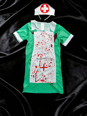 Girl's Nurse Costume Dress: 1 Green Dress + 1 Cross-patterned Nurse Cap. A Slim-fit Dress with a Small Lapel in a Color-block Style and a Printed Cross Pattern. A Nurse Role-play Costume for Girls' Halloween and Various Holiday Parties