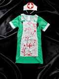 Girl's Nurse Costume Dress: 1 Green Dress + 1 Cross-patterned Nurse Cap. A Slim-fit Dress with a Small Lapel in a Color-block Style and a Printed Cross Pattern. A Nurse Role-play Costume for Girls' Halloween and Various Holiday Parties